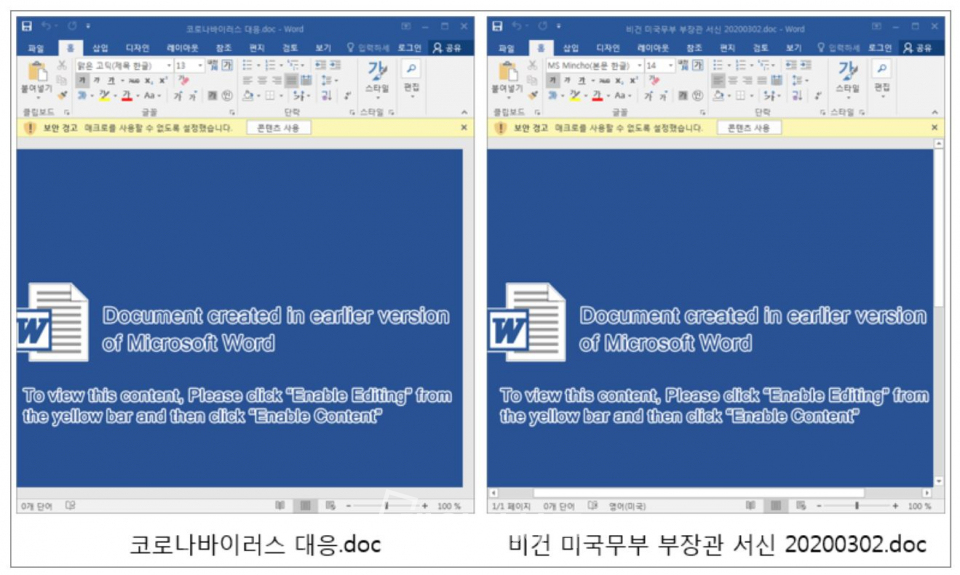 김수키 해킹조직이 최근 공격에 자주 사용하고 있는 MS원드 문서. 이스트시큐리티 제공.