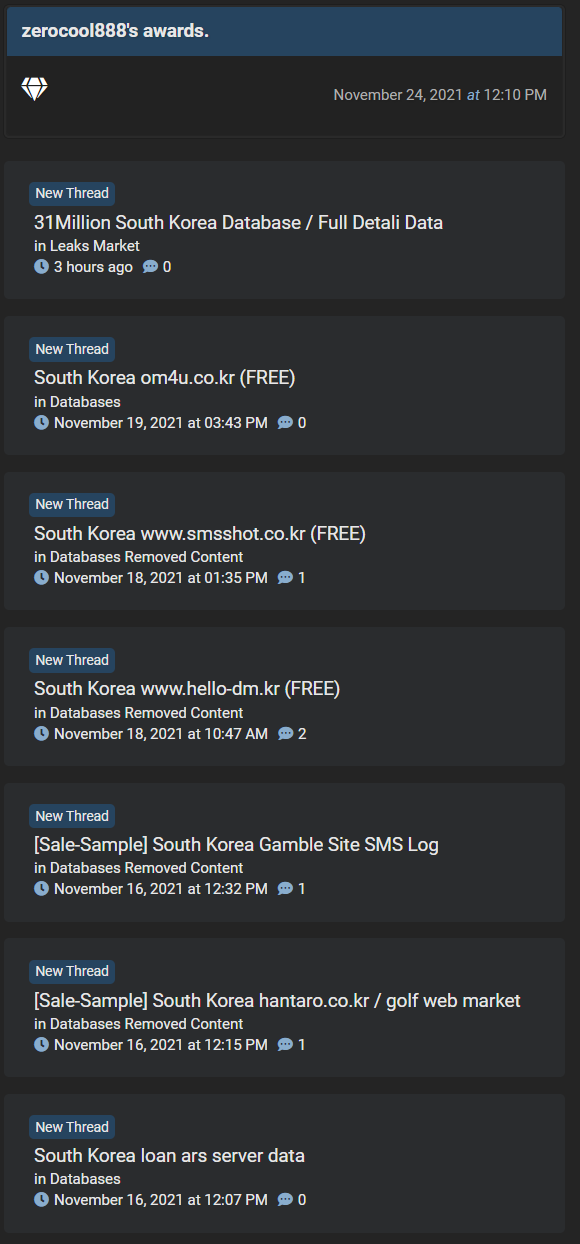 해당 해커는 최근 3주간 지속적으로 다크웹에 한국 정보를 판매한다는 게시글을 올리고 있다.