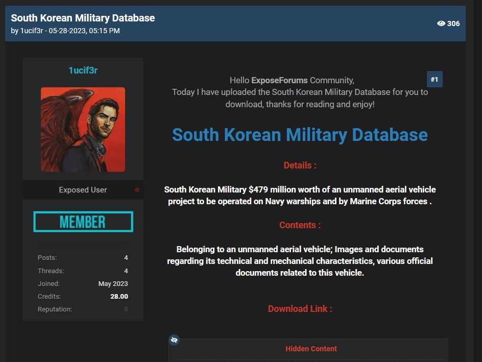 5월 28일 다크웹 해킹포럼에 올라온 한국군 무인기 관련 데이터베이스 판매 게시글.